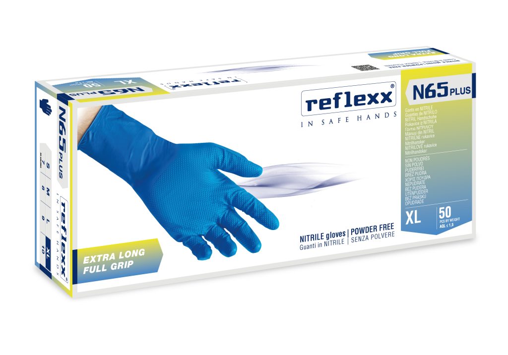 Guanti In Nitrile Senza Polvere Full Grip blu Reflexx N65 Plus – Extra Lungo 29 cm – gr. 9,2